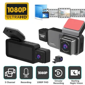 1080P 3 Lens Dash Camera Front Inside And Rear HD Night Vision