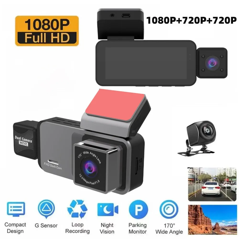 1080P 3 Lens Dash Camera Front Inside And Rear HD Night Vision