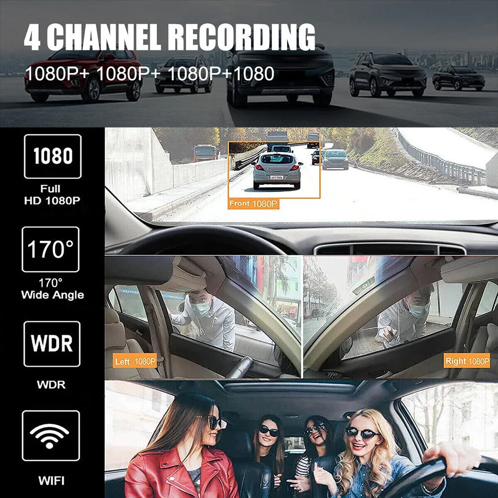 1080P Dash Cam Car Dvr 4 Channel Camera Night Vision G-Sensor