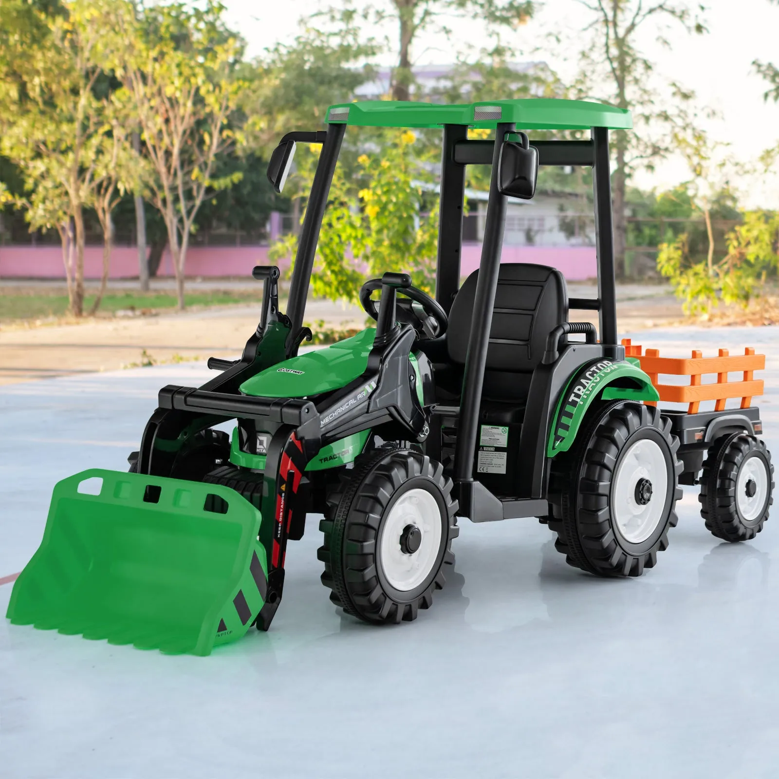 12V Battery Powered Kids Ride on Tractor with Trailer-Green