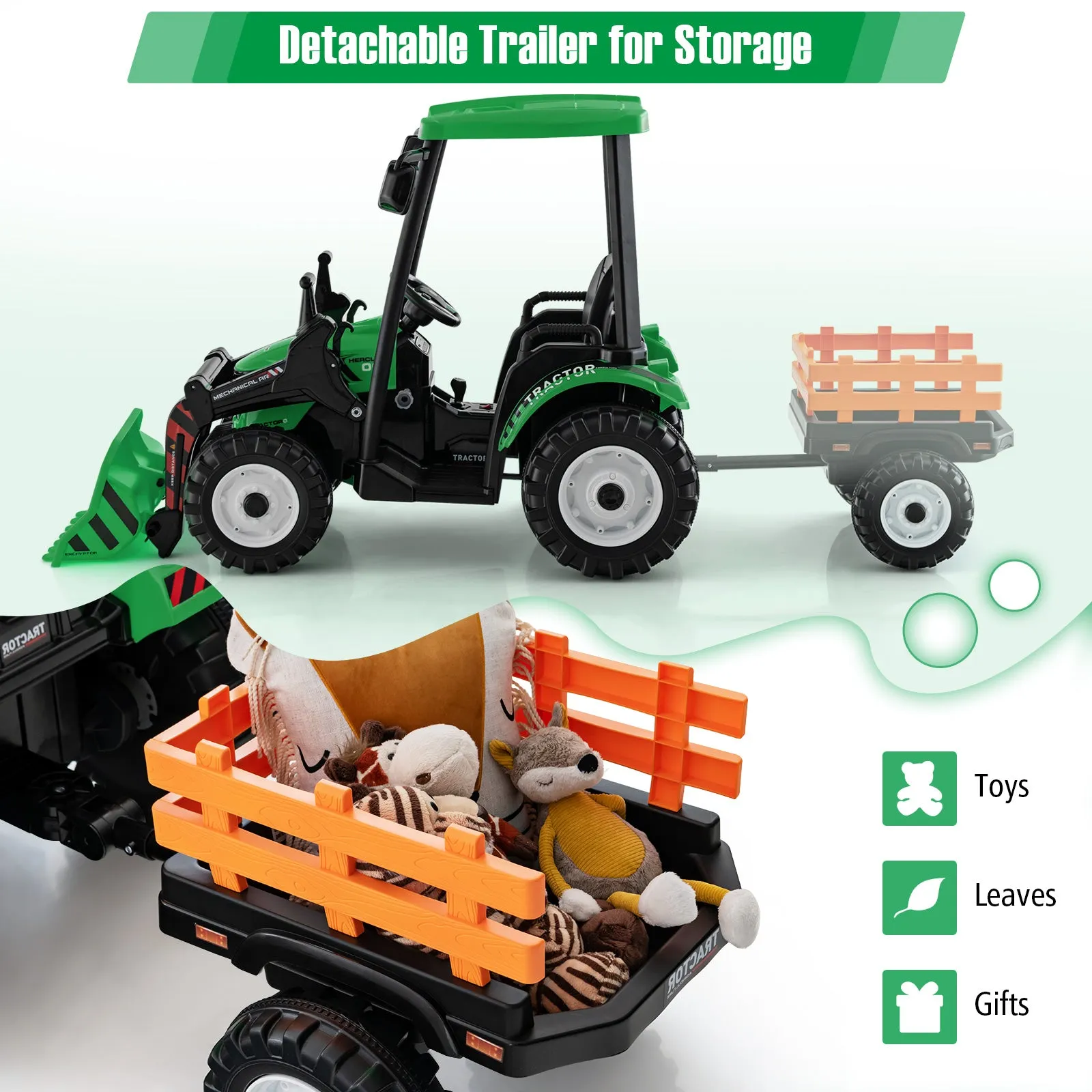 12V Battery Powered Kids Ride on Tractor with Trailer-Green