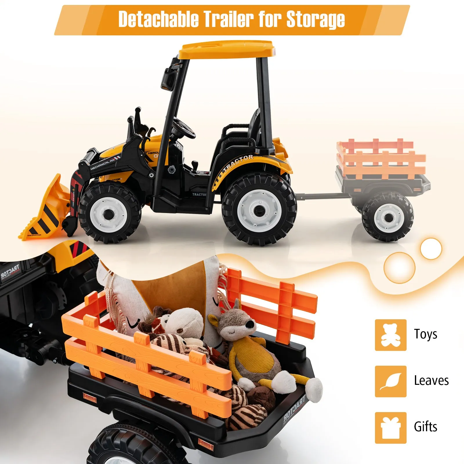 12V Battery Powered Kids Ride on Tractor with Trailer-Yellow