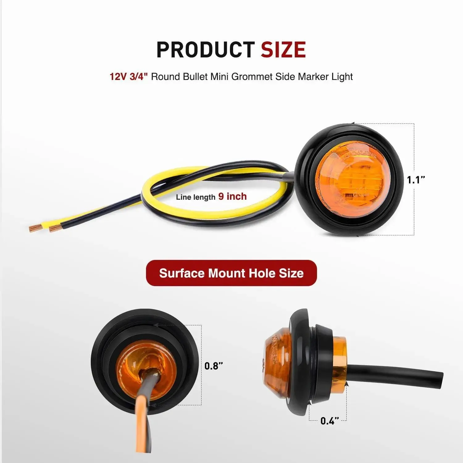 3/4 inch Amber Round LED Marker Lights (10 Pcs)