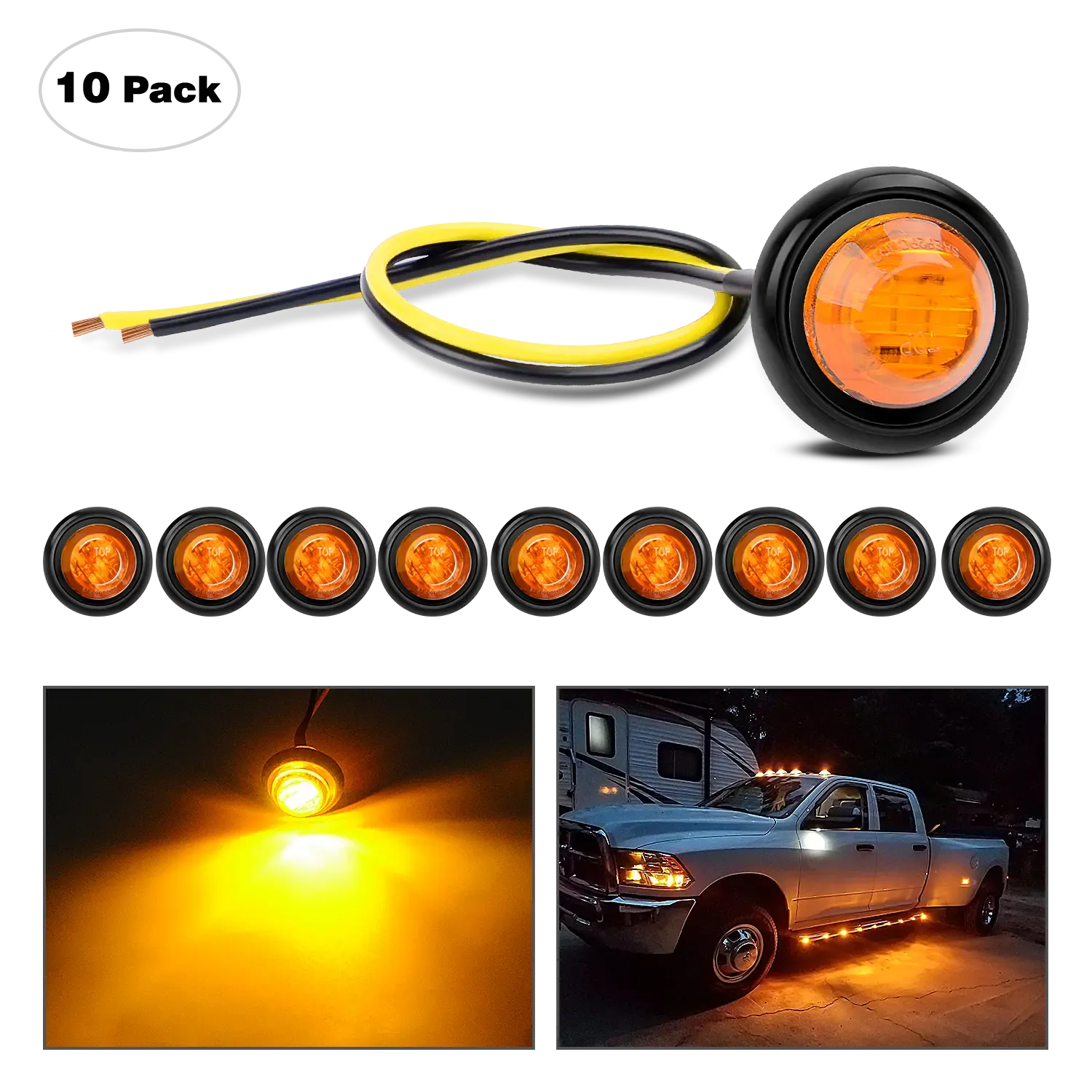 3/4 inch Amber Round LED Marker Lights (10 Pcs)