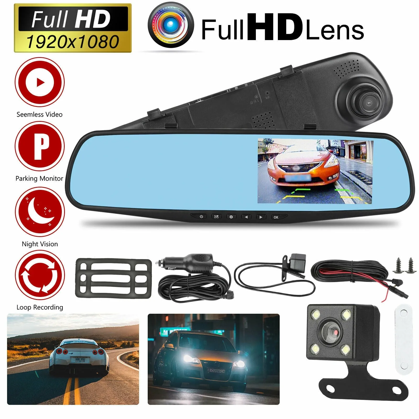 4.3-inch Rearview Mirror Car Driving Recorder Front Rear Double
