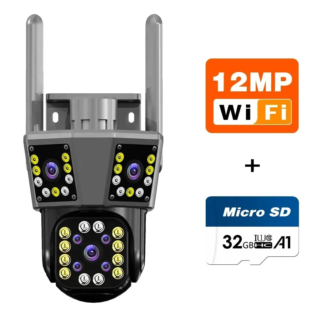 Açık Hava WIFI Kamera Otomatik Takip Akıllı Alarm Üç Lens Üç Ekran Su Geçirmez 6K PTZ Video Gözetim CCTV