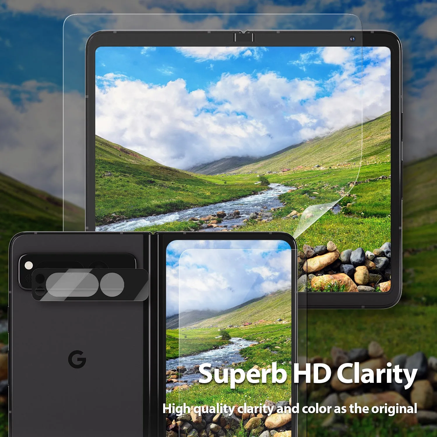[All in One] Google Pixel Fold (2023) Front EA Tempered Glass, Inside Flexible EPU Screen Protector, 9H Glass Camera Lens Protector [Easy Install] - 2 2 2 Pack