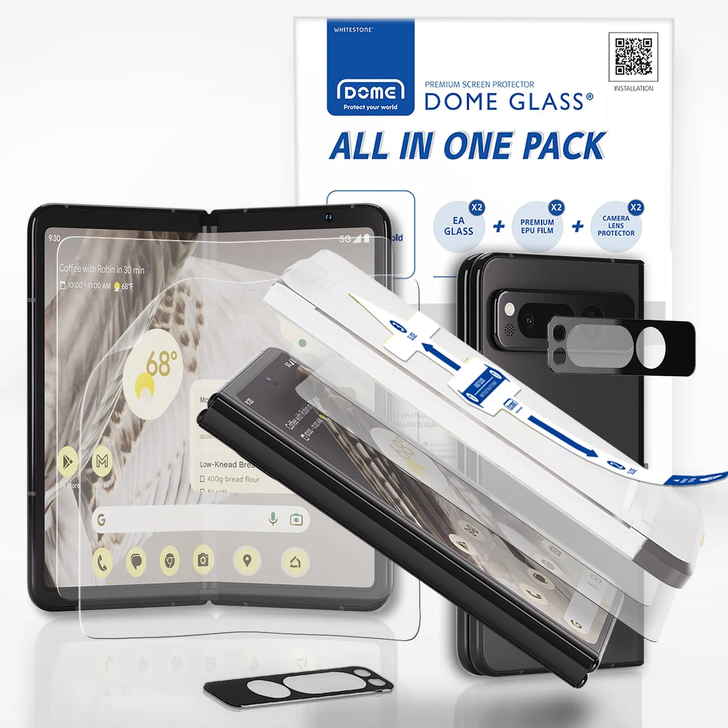 [All in One] Google Pixel Fold (2023) Front EA Tempered Glass, Inside Flexible EPU Screen Protector, 9H Glass Camera Lens Protector [Easy Install] - 2 2 2 Pack