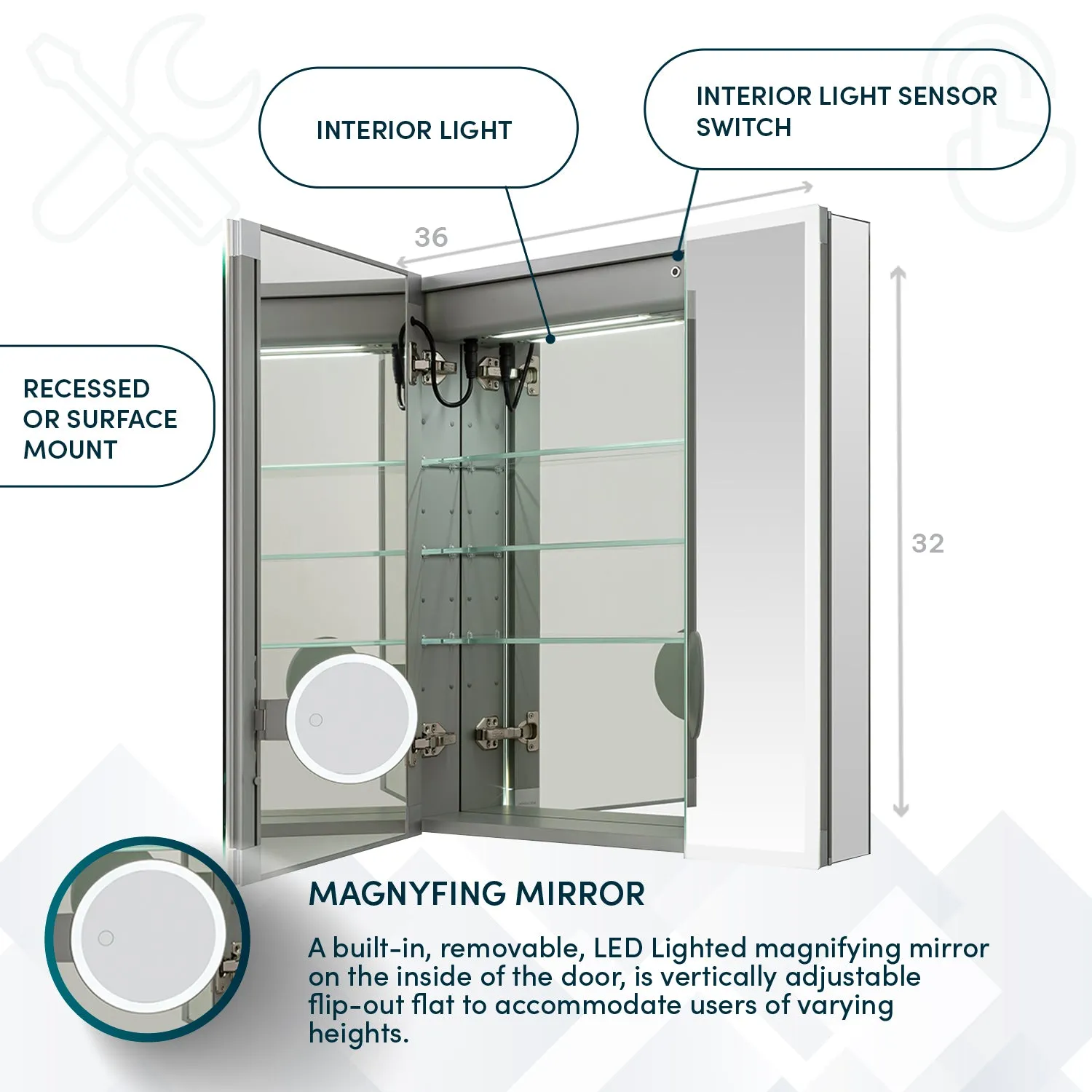 Aquadom Edge Royale 36x32 LED Lighted Triple Door Medicine Cabinet
