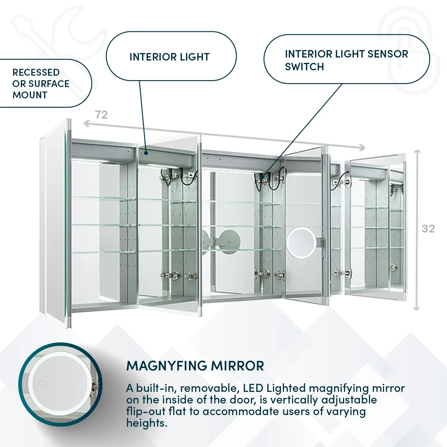 Aquadom Edge Royale 72x32 LED Lighted Medicine Cabinets