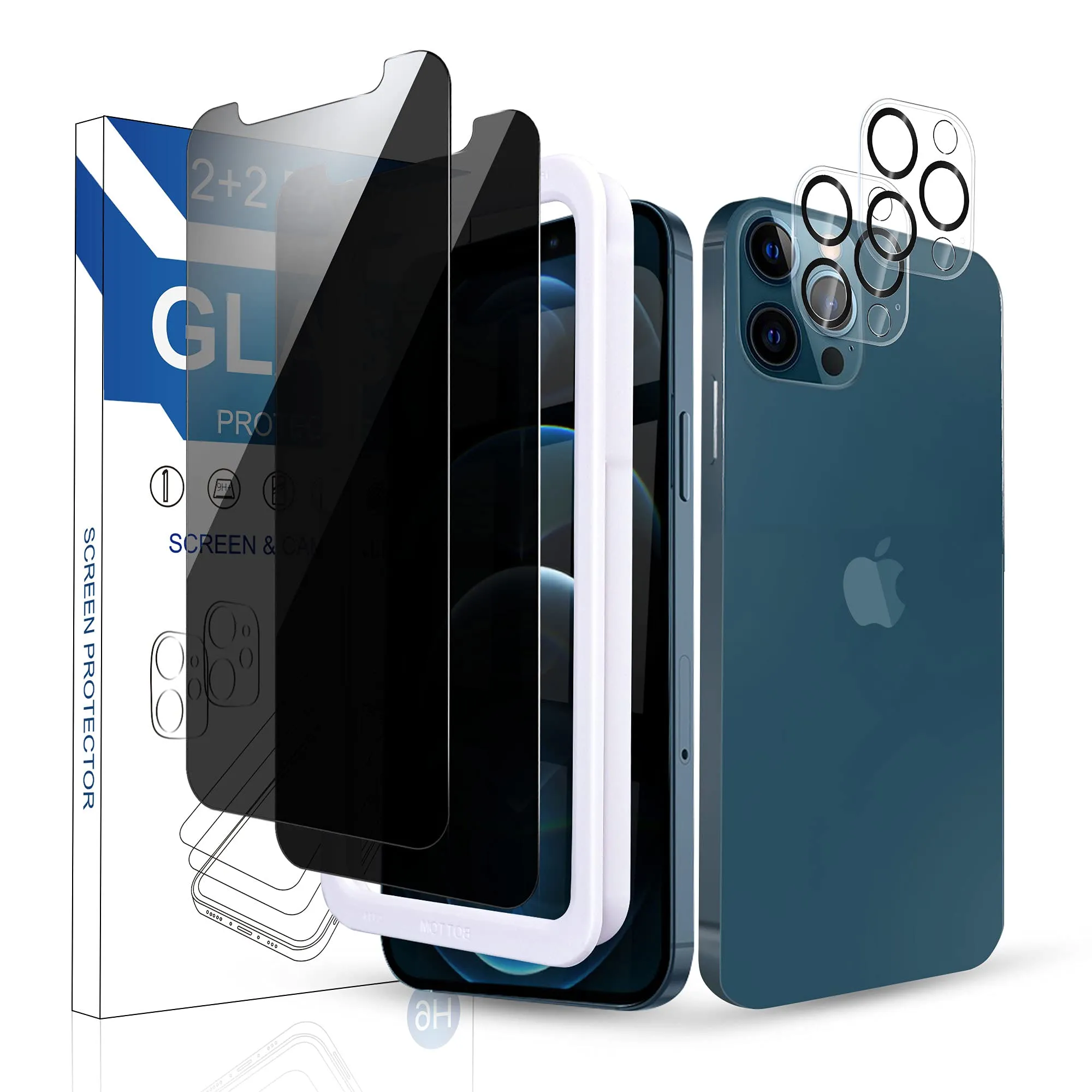 Arae 2 Pack Camera Lens Protector for iPhone 12 Pro   2 Pack Privacy Screen Protector, HD Tempered Glass Anti Spy Anti Scratch Work with Most Case, 6.1inch
