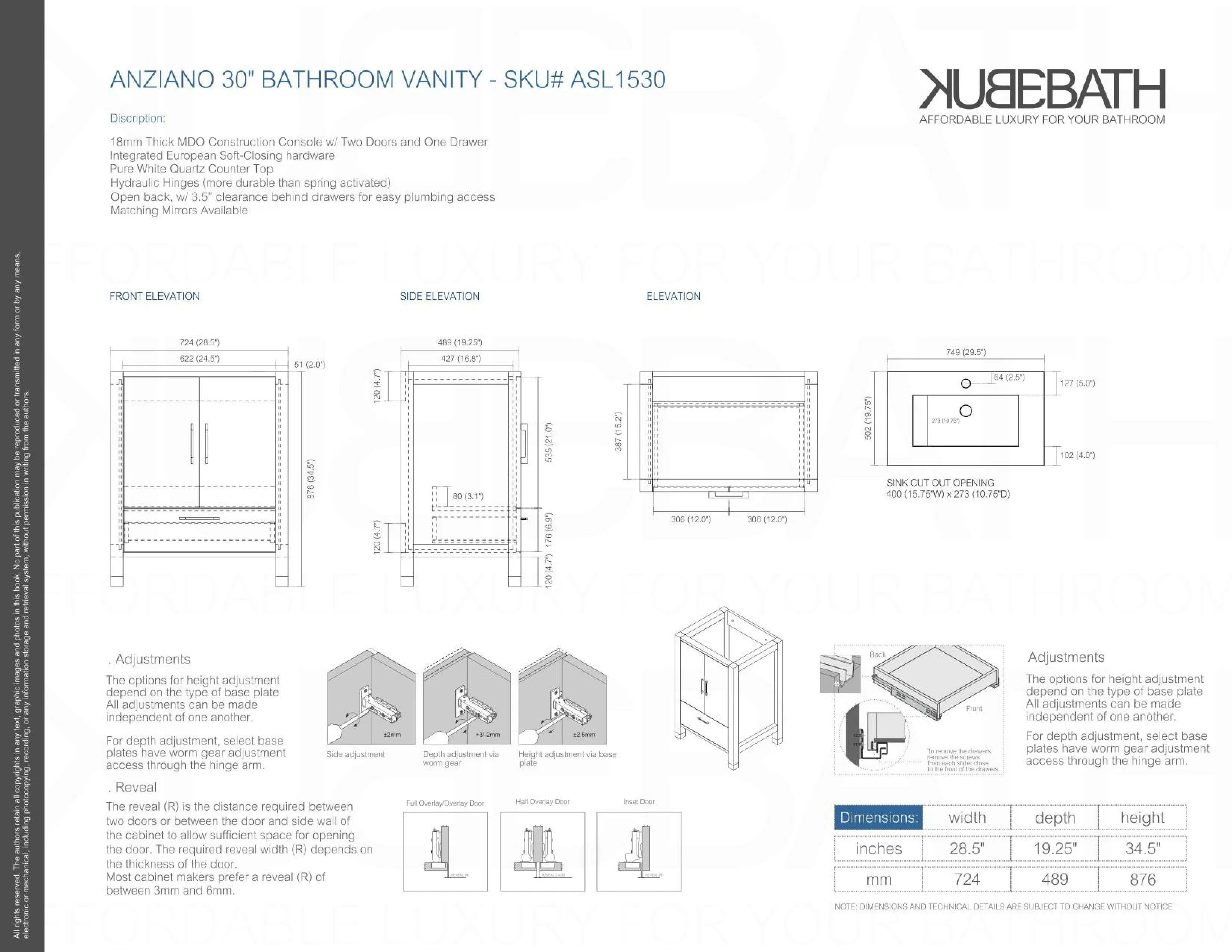 ASL-30 HIGH GLOSS White Cabinet , White Quartz Countertop, Floor Standing Bathroom Vanity