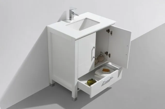 ASL-30 HIGH GLOSS White Cabinet , White Quartz Countertop, Floor Standing Bathroom Vanity