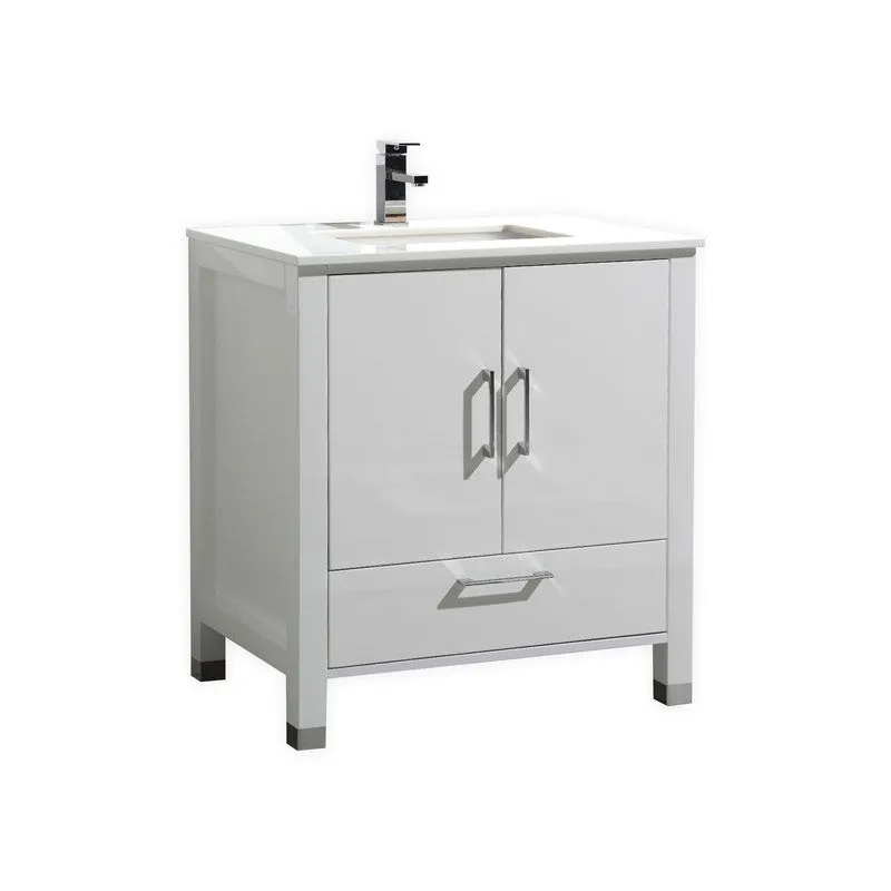 ASL-30 HIGH GLOSS White Cabinet , White Quartz Countertop, Floor Standing Bathroom Vanity