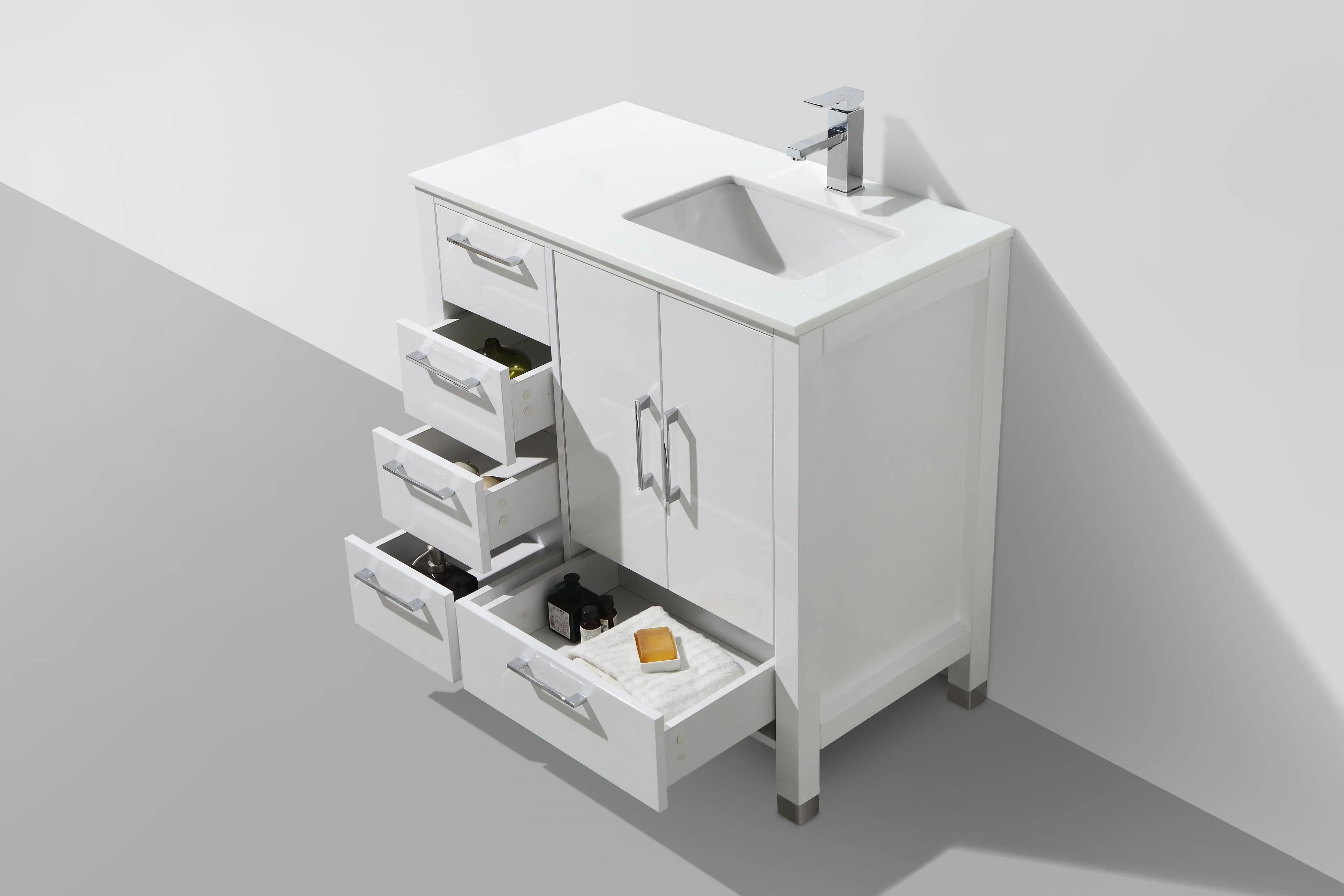 ASL-36L, High Gloss White, Pure White Quartz Countertop, Floor Standing Modern Bathroom Vanity