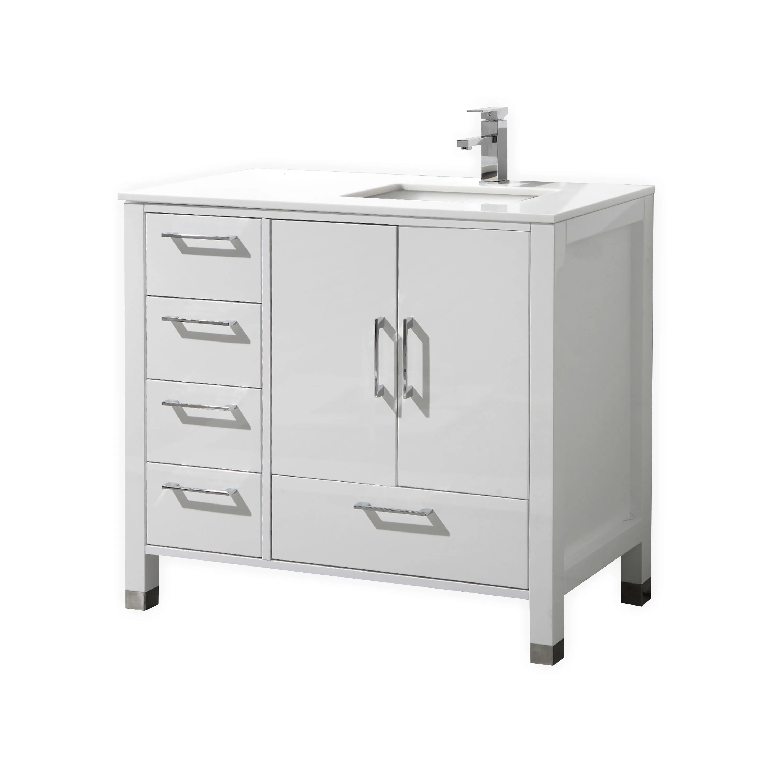 ASL-36L, High Gloss White, Pure White Quartz Countertop, Floor Standing Modern Bathroom Vanity
