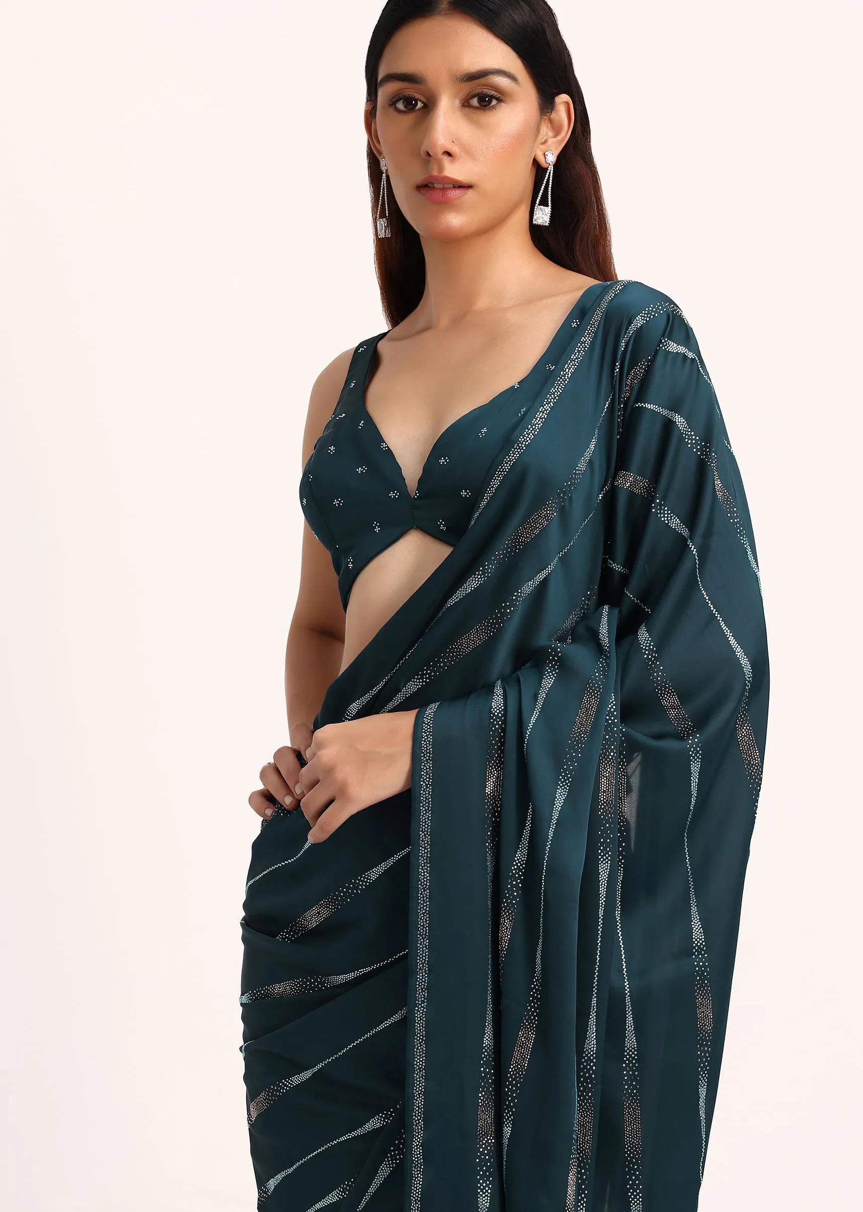 Blue Satin Saree With Stone Work And Unstitched Blouse