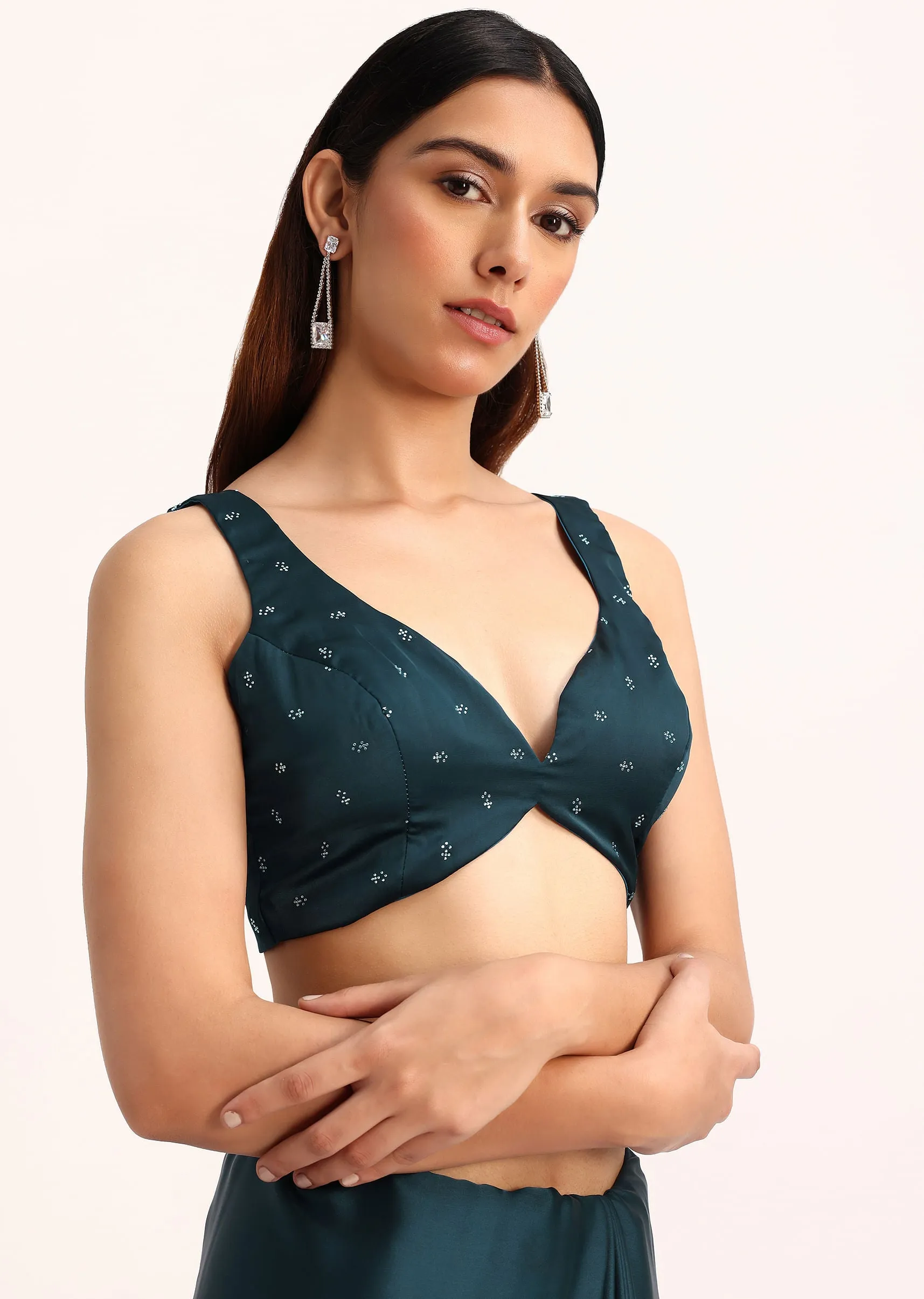 Blue Satin Saree With Stone Work And Unstitched Blouse