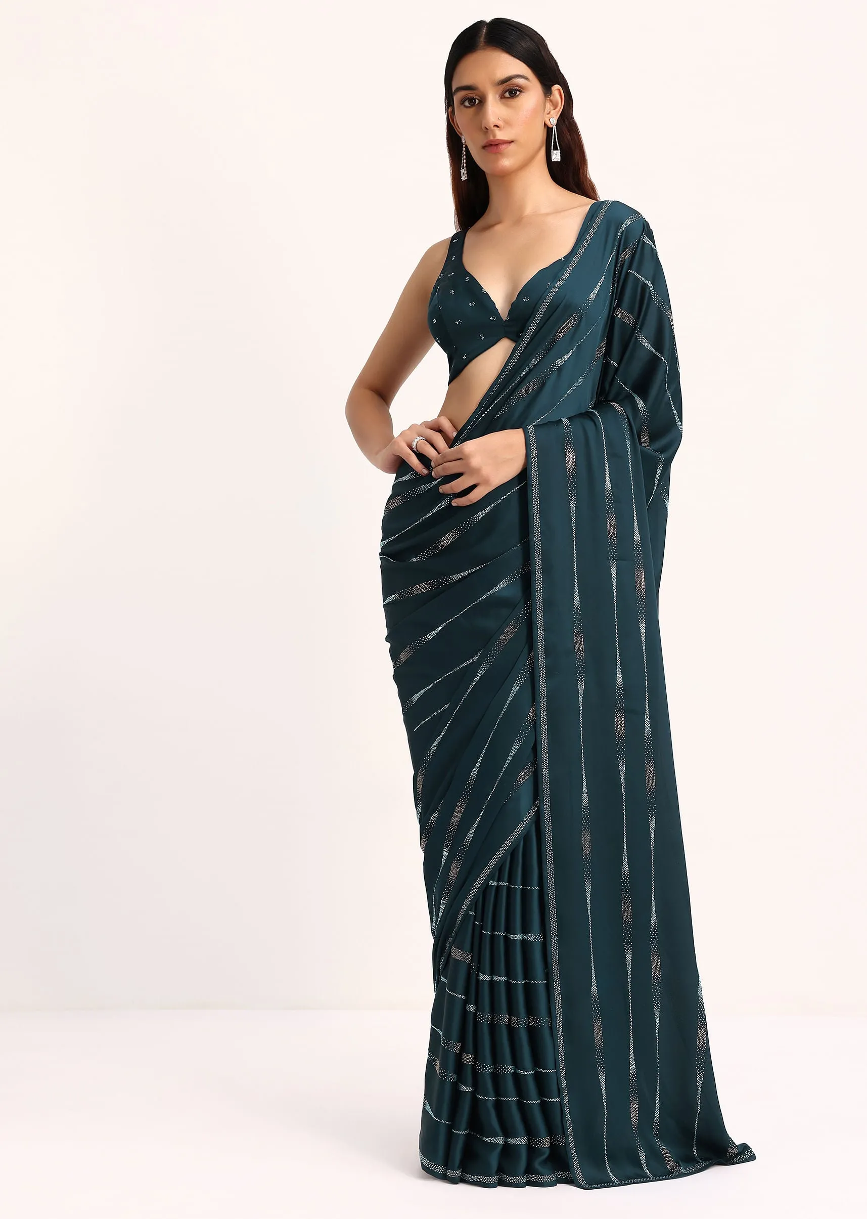 Blue Satin Saree With Stone Work And Unstitched Blouse