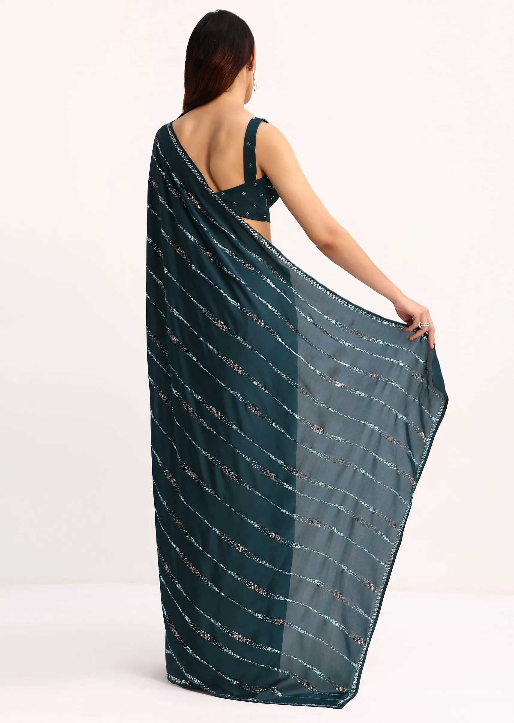 Blue Satin Saree With Stone Work And Unstitched Blouse