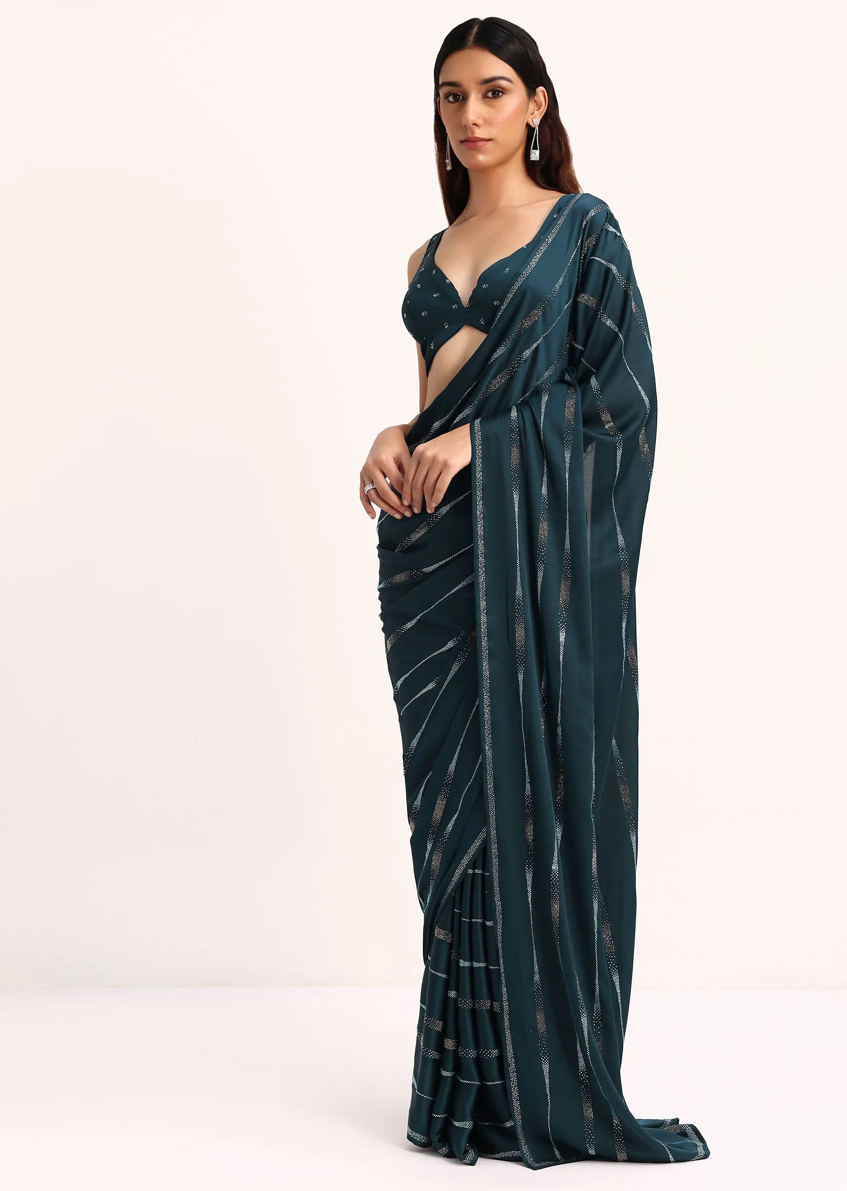 Blue Satin Saree With Stone Work And Unstitched Blouse