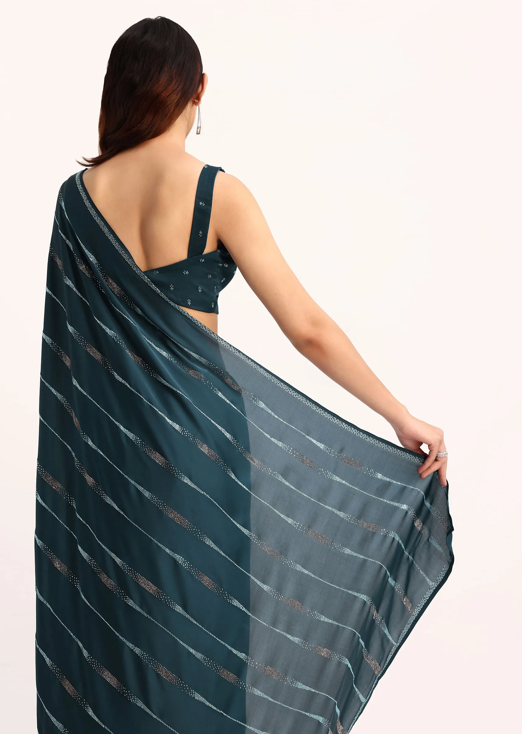 Blue Satin Saree With Stone Work And Unstitched Blouse