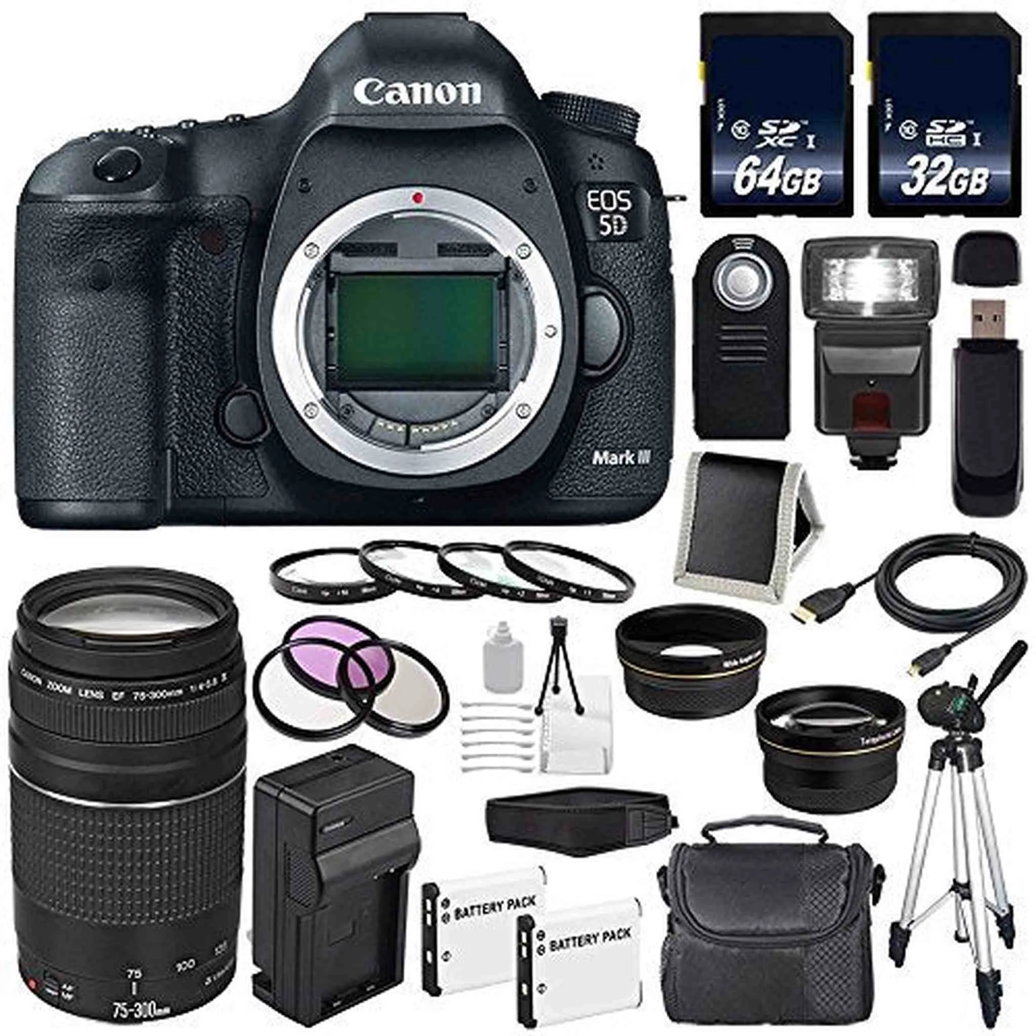 Canon EOD 5D III Digital Camera International Model   Canon EF 75-300 III  LP-E6 Replacement Battery   Charger   64GB SD Ultimate Bundle