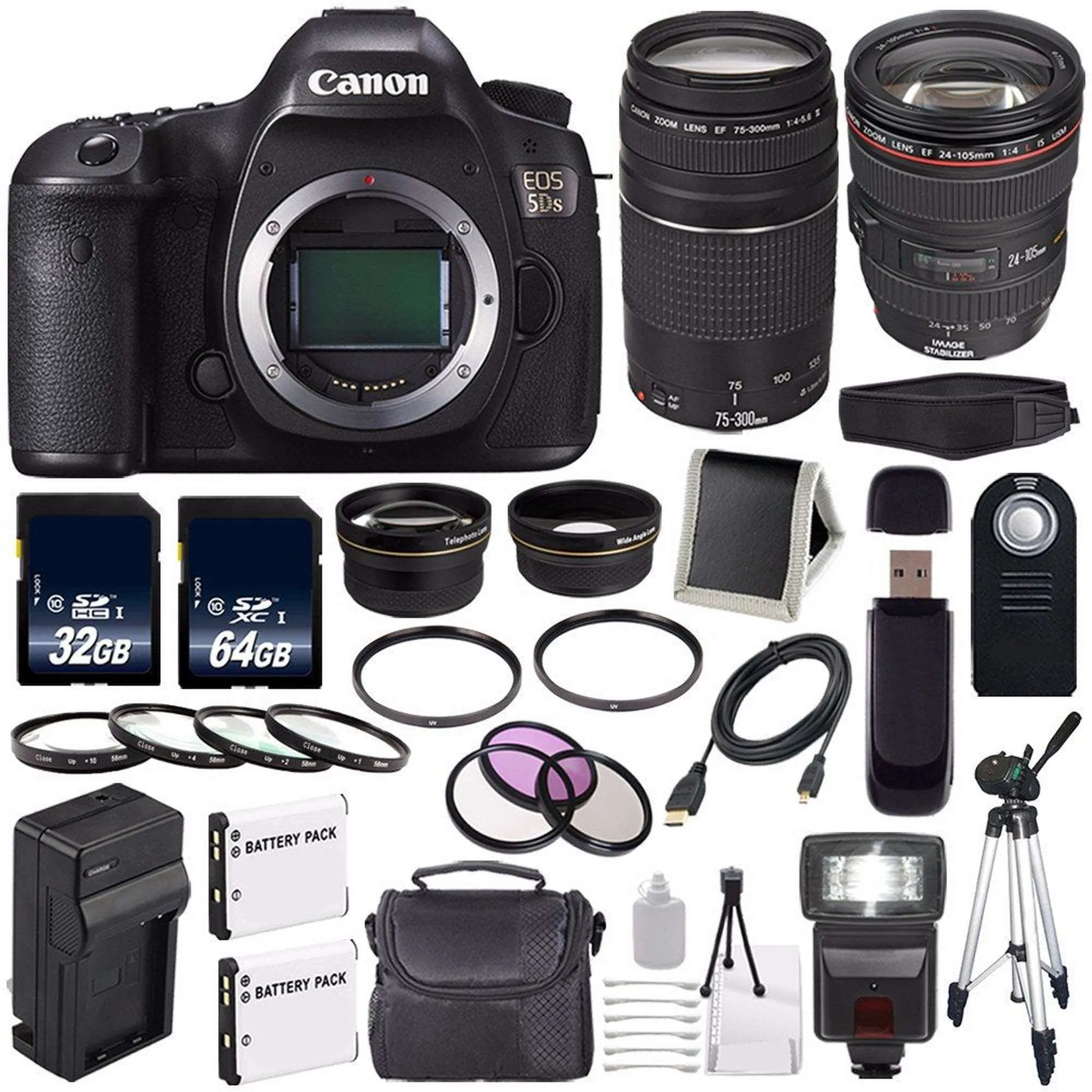Canon EOS 5DS DSLR Camera (International Model) 0581C002   Canon EF 24-105mm f/4L is USM Lens   Canon EF 75-300 III  LP-