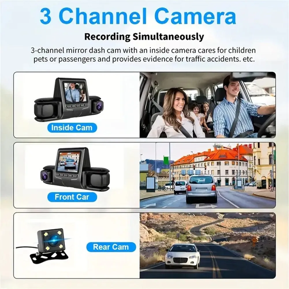 Dash Cam 3 Channel Front Rear Inside 1080P Car Dvr Dashboard