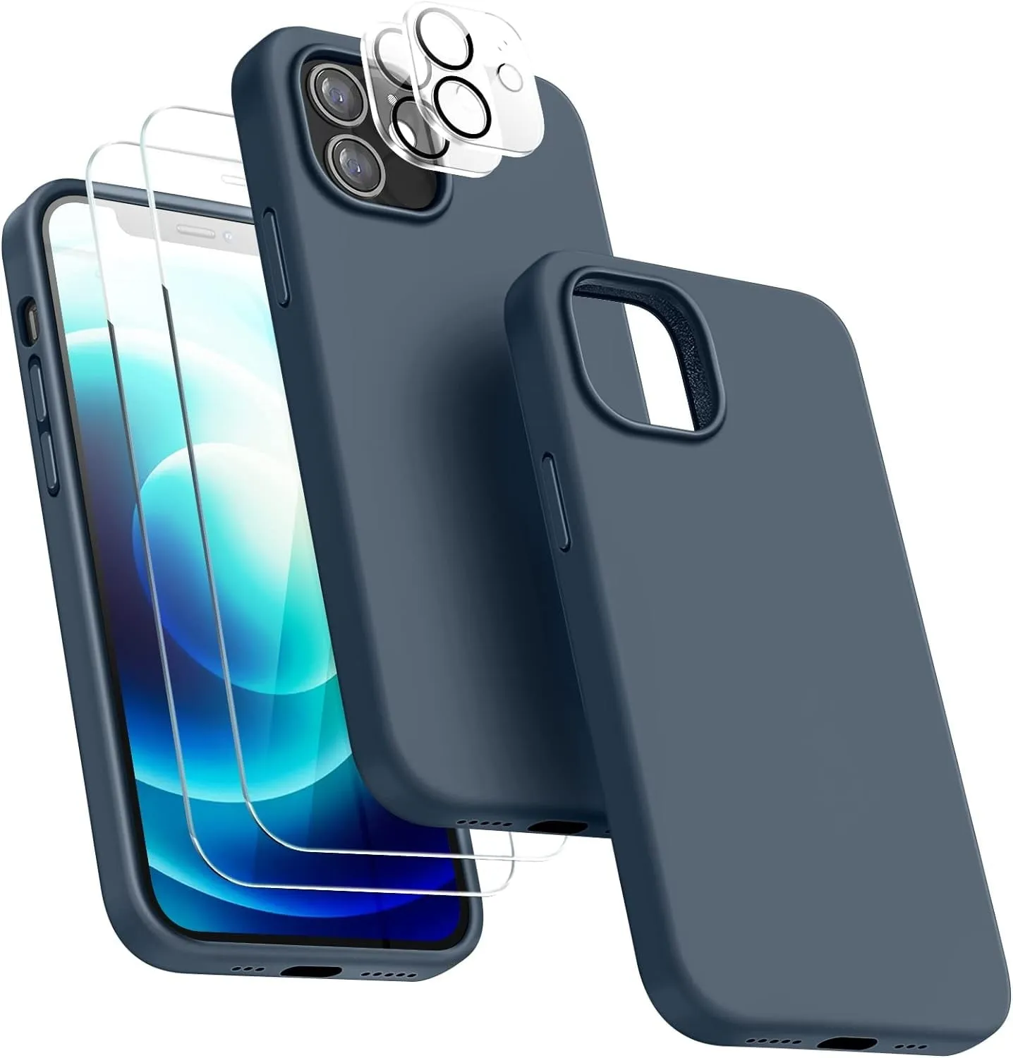 Entronix Silicone Case Designed for Apple iPhone 11 Liquid Silicone Case, 5 in 1 Bundle with 2 Clear Tempered Glass and 2 Camera Lens Shockproof Case