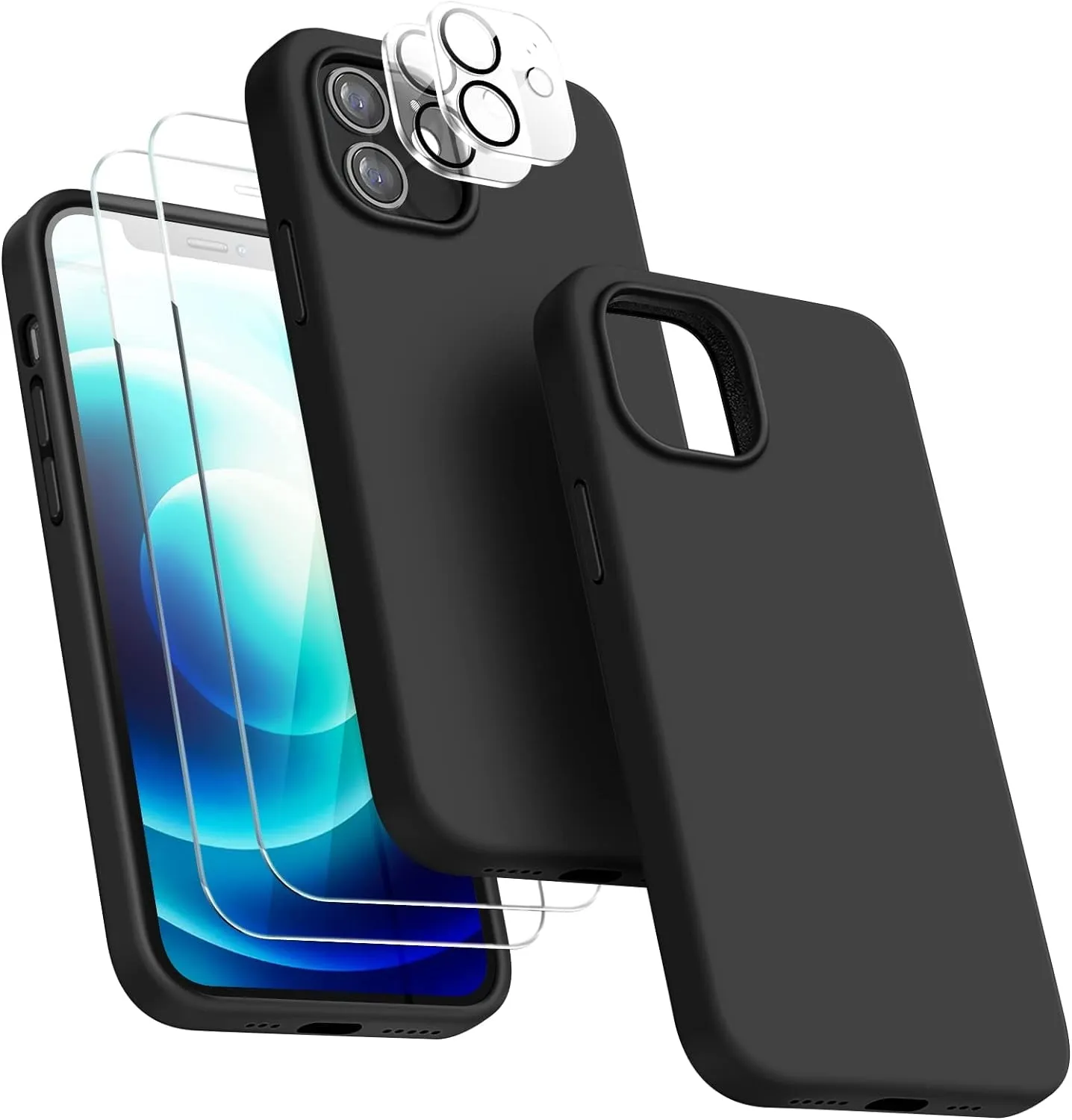 Entronix Silicone Case Designed for Apple iPhone 11 Liquid Silicone Case, 5 in 1 Bundle with 2 Clear Tempered Glass and 2 Camera Lens Shockproof Case
