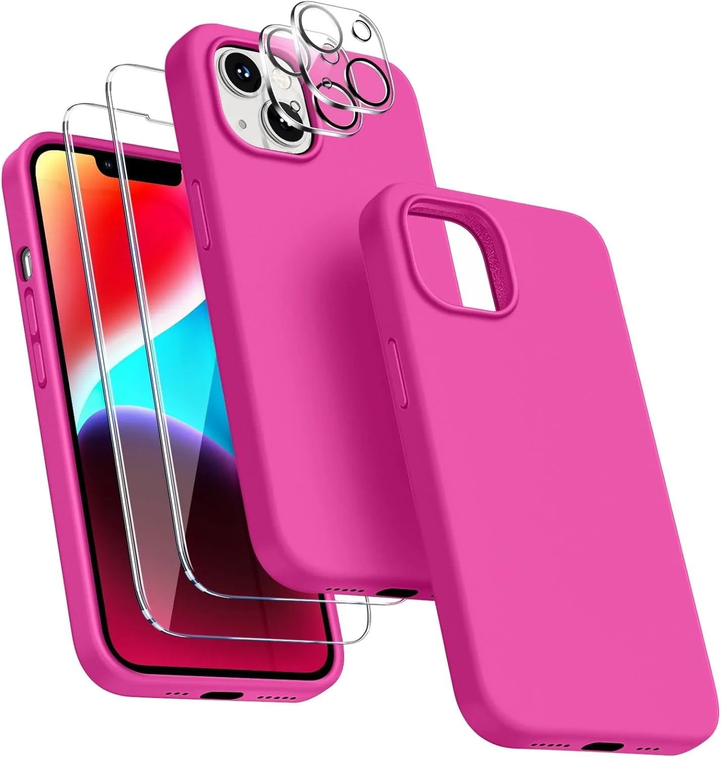 Entronix Silicone Case Designed for Apple iPhone 13 Liquid Silicone Case, 5 in 1 Bundle with 2 Clear Tempered Glass and 2 Camera Lens Shockproof Case