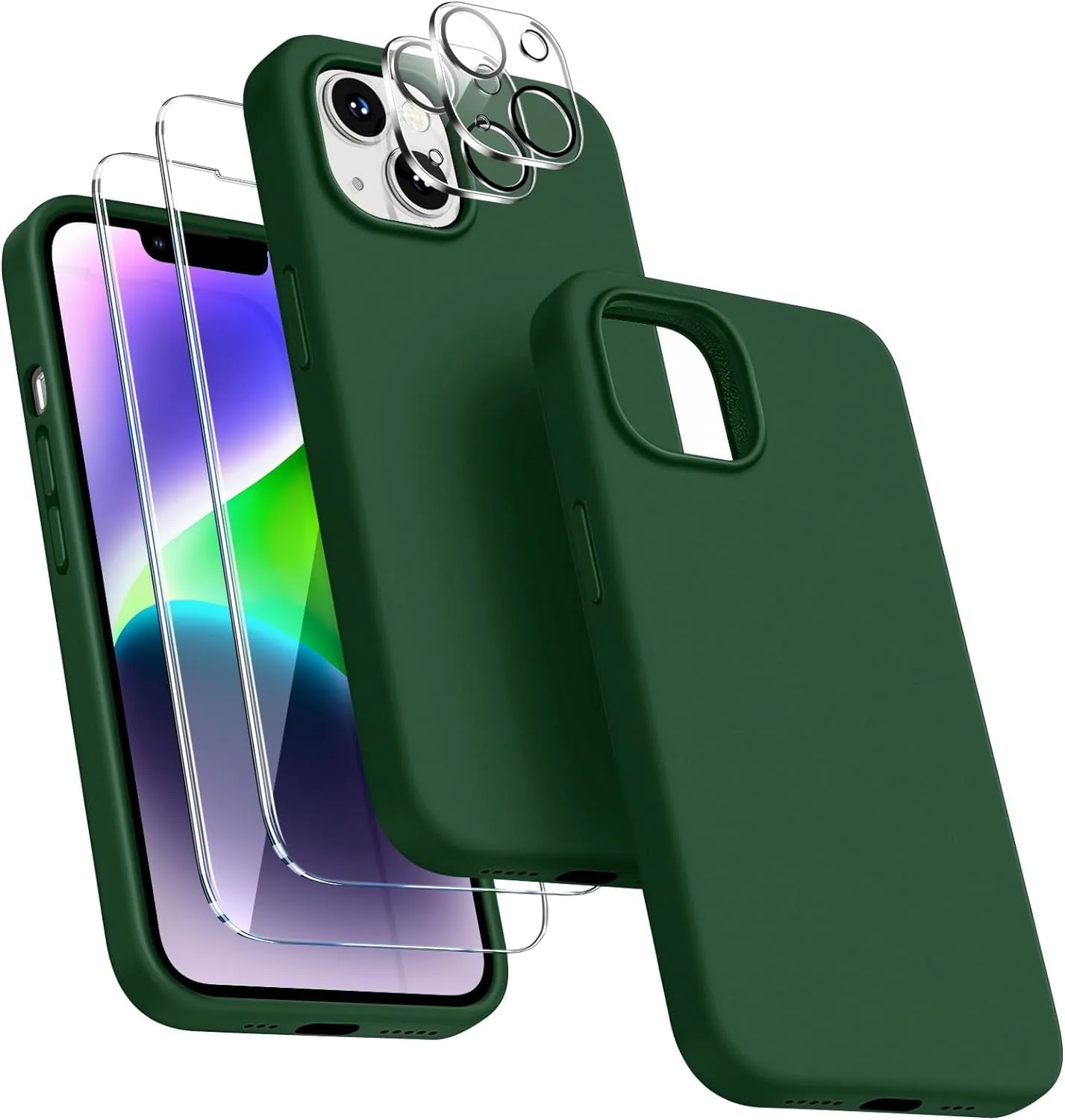 Entronix Silicone Case Designed for Apple iPhone 13 Liquid Silicone Case, 5 in 1 Bundle with 2 Clear Tempered Glass and 2 Camera Lens Shockproof Case