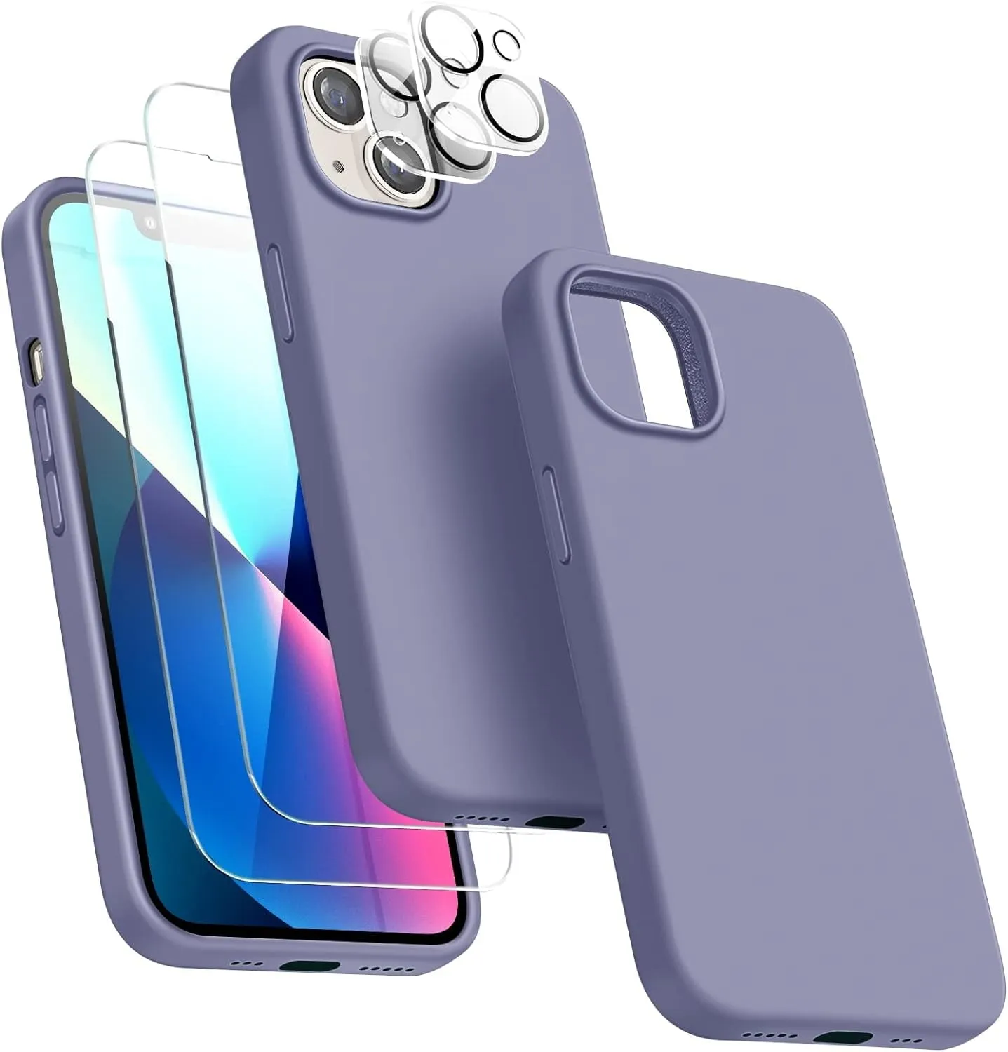 Entronix Silicone Case Designed for Apple iPhone 13 Liquid Silicone Case, 5 in 1 Bundle with 2 Clear Tempered Glass and 2 Camera Lens Shockproof Case