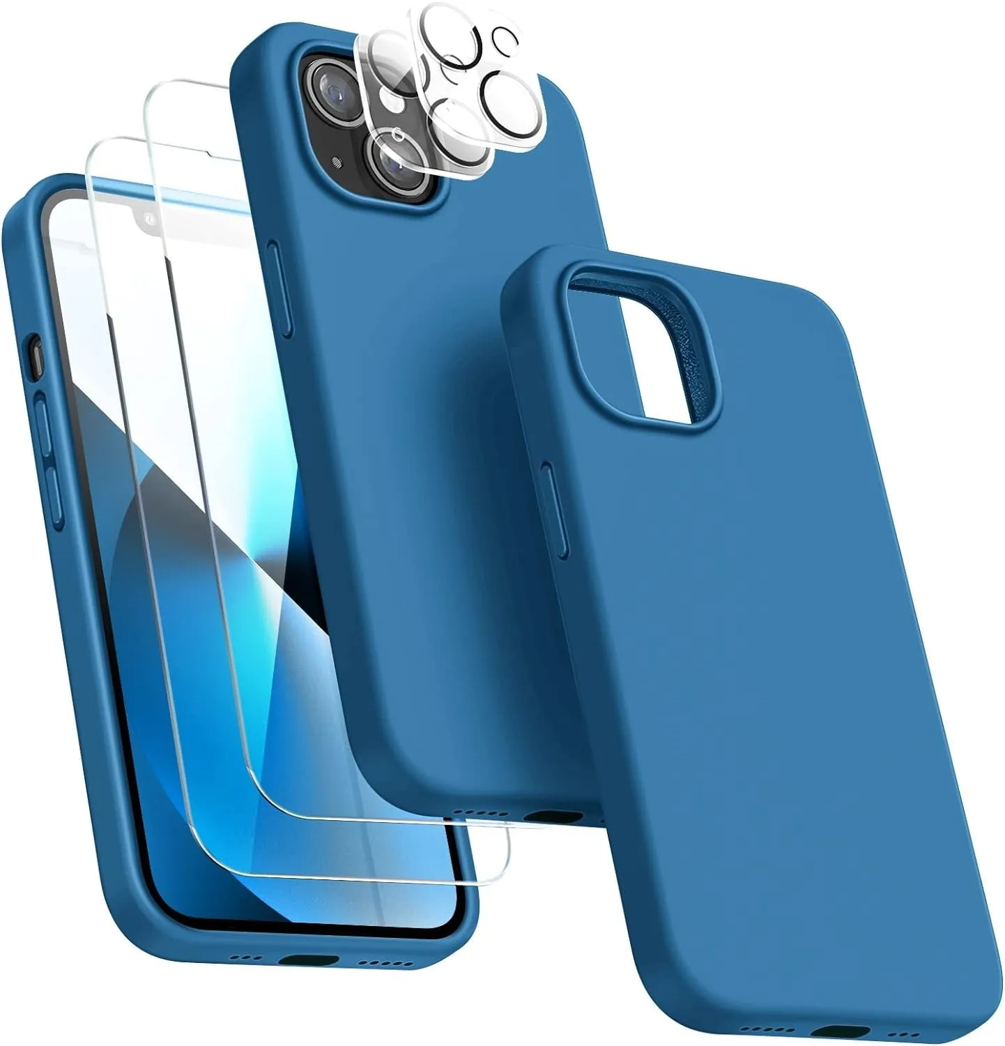 Entronix Silicone Case Designed for Apple iPhone 13 Liquid Silicone Case, 5 in 1 Bundle with 2 Clear Tempered Glass and 2 Camera Lens Shockproof Case
