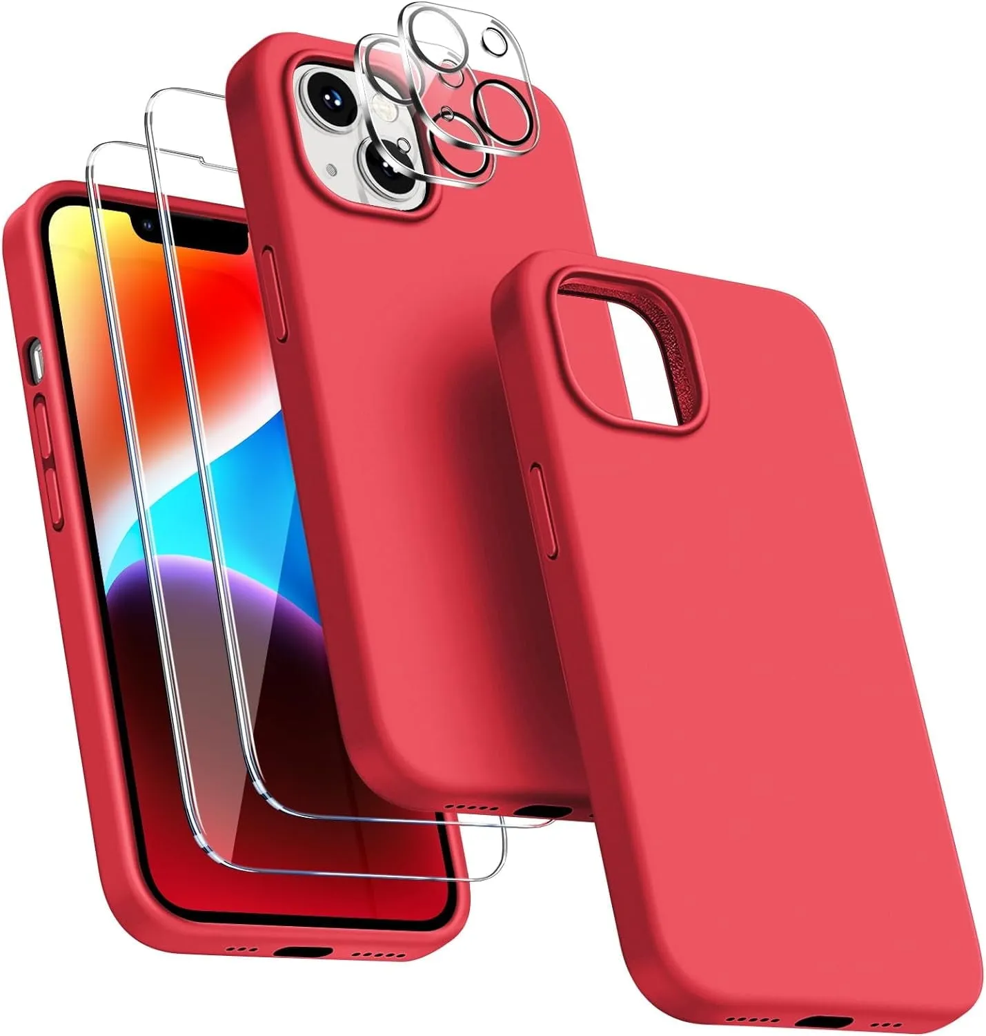 Entronix Silicone Case Designed for Apple iPhone 13 Liquid Silicone Case, 5 in 1 Bundle with 2 Clear Tempered Glass and 2 Camera Lens Shockproof Case