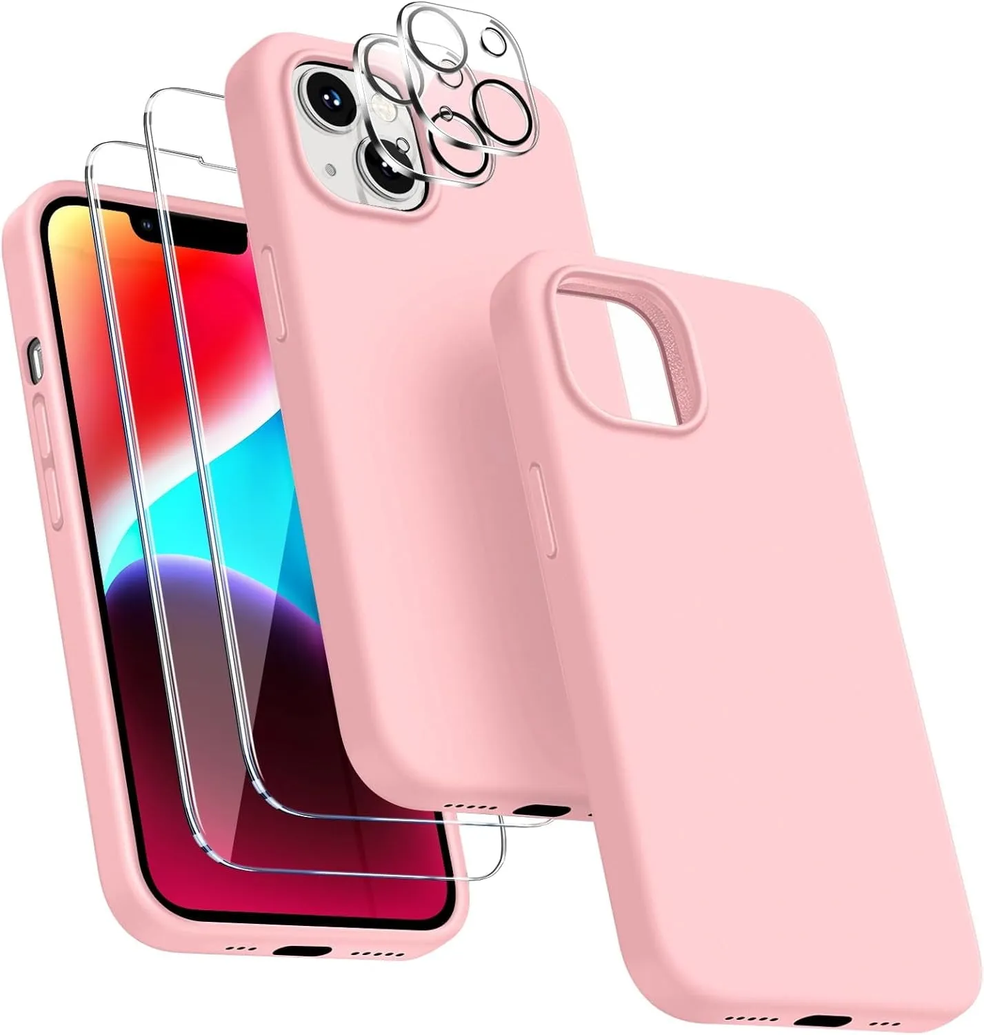 Entronix Silicone Case Designed for Apple iPhone 13 Liquid Silicone Case, 5 in 1 Bundle with 2 Clear Tempered Glass and 2 Camera Lens Shockproof Case