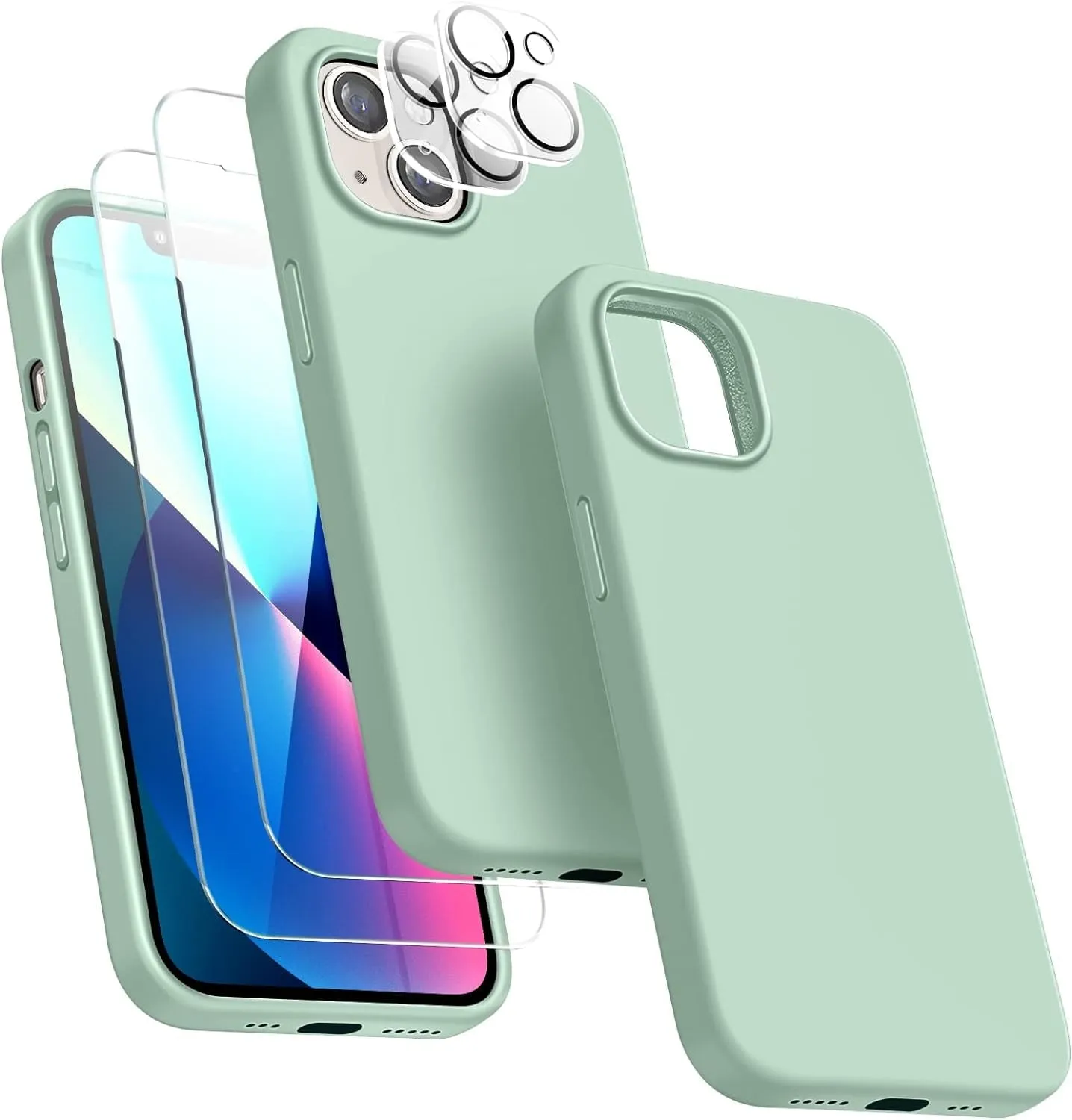 Entronix Silicone Case Designed for Apple iPhone 13 Liquid Silicone Case, 5 in 1 Bundle with 2 Clear Tempered Glass and 2 Camera Lens Shockproof Case