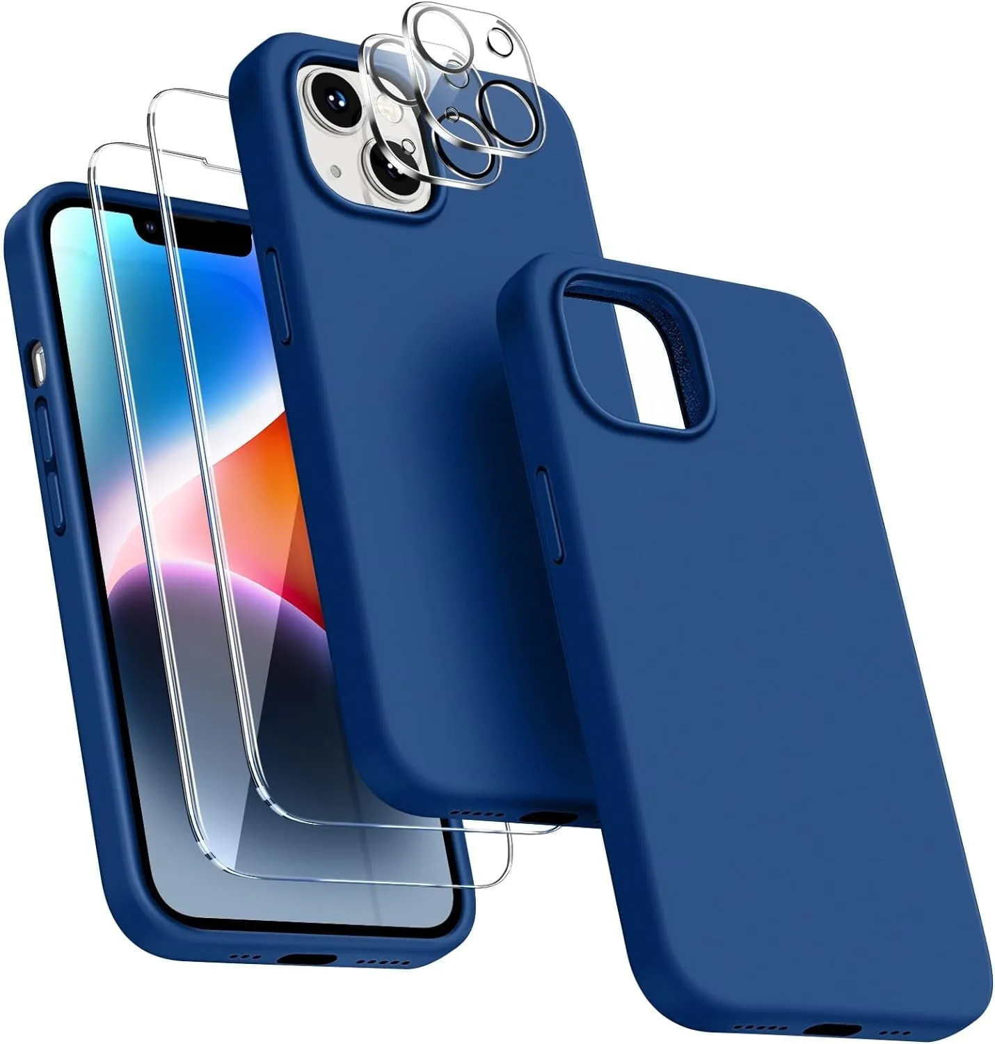 Entronix Silicone Case Designed for Apple iPhone 13 Liquid Silicone Case, 5 in 1 Bundle with 2 Clear Tempered Glass and 2 Camera Lens Shockproof Case