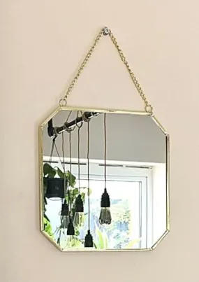 HUWIX 10 inches Octagonal Shape Hanging Vintage Wall Mirror with Brass Border Wall Hanging Mirror with Chain | Decorative Mirror for Wall Living Room Bedroom & Bathroom Mirror