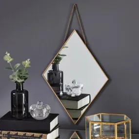 HUWIX 11 Inches Hanging Vintage Wall Mirror with Brass Border Wall Hanging Mirror with Chain | Decorative Mirror for Wall Living Room Bedroom & Bathroom Mirror (Rhombus Shape)