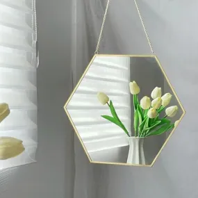 HUWIX 11 Inches Hexagonal Shape Hanging Vintage Wall Mirror with Brass Border Wall Hanging Mirror with Chain | Decorative Mirror for Wall Living Room Bedroom & Bathroom Mirror