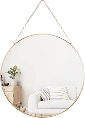 HUWIX Taxilaa 11 Inches Round Shape Hanging Vintage Wall Mirror with Brass Border Wall Hanging Mirror with Chain | Decorative Mirror for Wall Living Room Bedroom & Bathroom Mirror