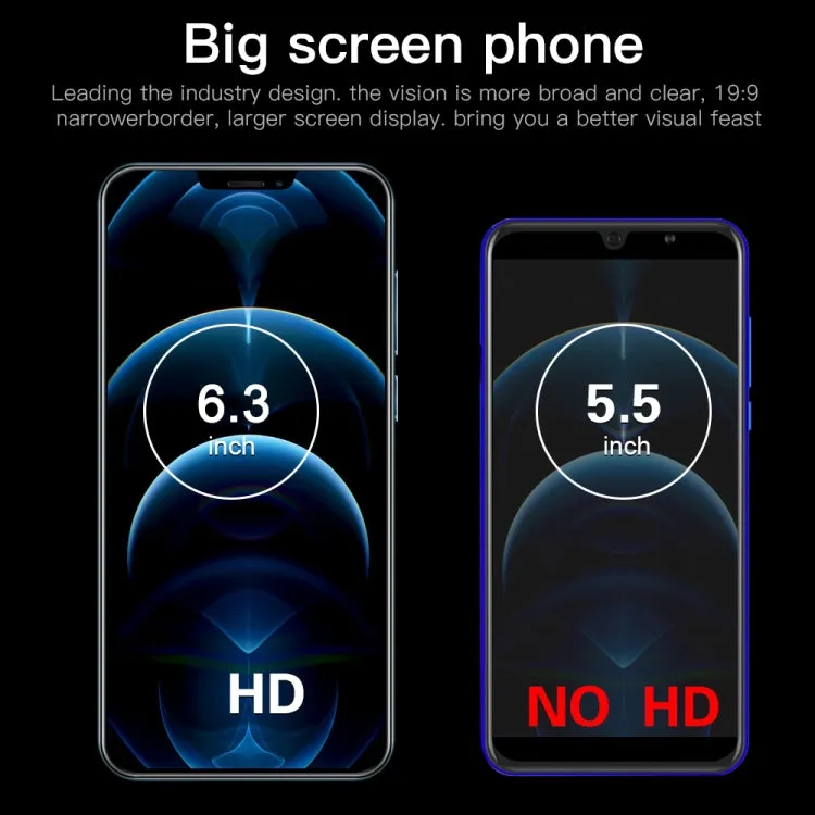 i12 Pro Max Smartphone, 6.3" Notch Display, Face Recognition, Android 6.0, Dual SIM, 1GB RAM, 16GB Storage, 3G Network
