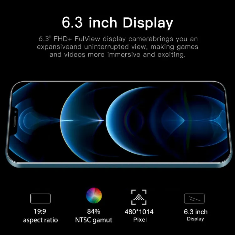 i12 Pro Max Smartphone, 6.3" Notch Display, Face Recognition, Android 6.0, Dual SIM, 1GB RAM, 16GB Storage, 3G Network