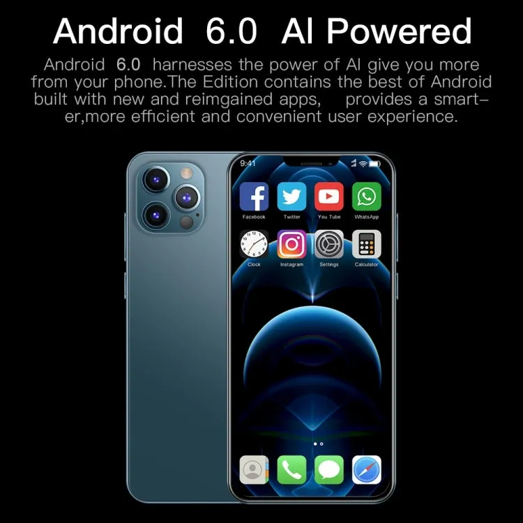 i12 Pro Max Smartphone, 6.3" Notch Display, Face Recognition, Android 6.0, Dual SIM, 1GB RAM, 16GB Storage, 3G Network