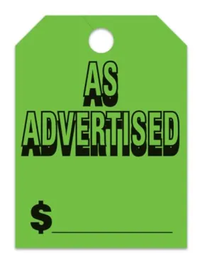 Jumbo "As Advertised" Car Dealer Mirror Hang Tags - Fluorescent Colors Large Size (8-1/2" × 11-1/2") Tags for Auto Dealership Supplies - Durable 11-Point Stock Material