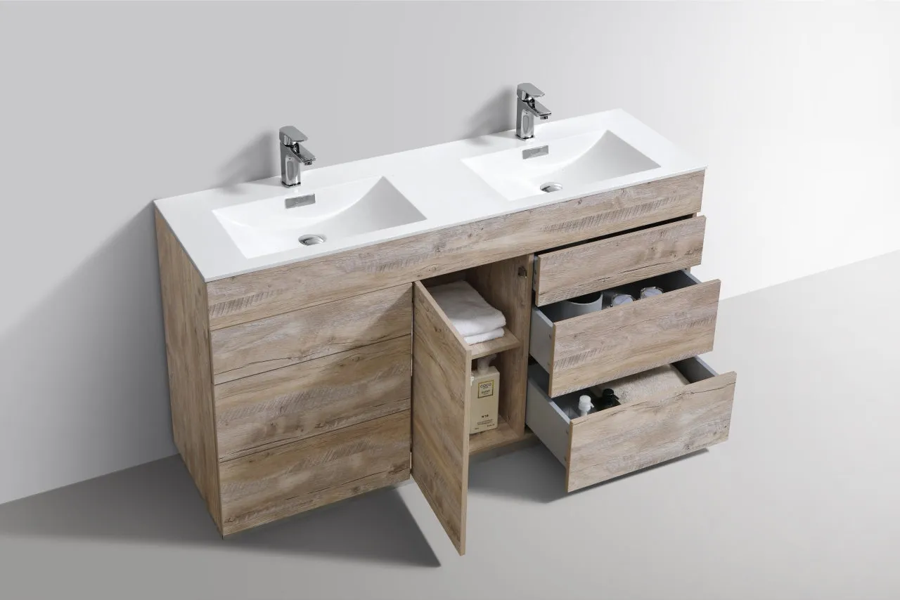 KFM60" Nature Wood, Double Sink, Floor Standing Modern Bathroom Vanity