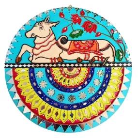 Majestic Nandi: A Revered Bull Design on MDF Board with Mouldit Clay, Acrylic Paint, Mirrors – 16x16 Decorative Item