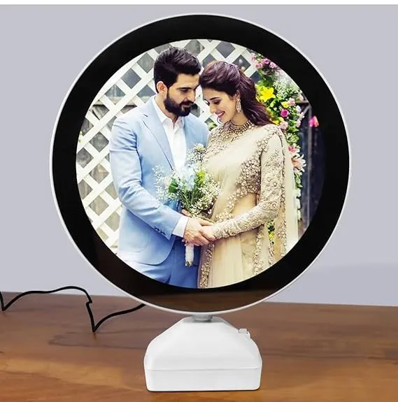 Nainika Magic Mirror Photo Frame With Light Photos Gift Personalized Frames For Valentines Day Gifts, Anniversary, Birthday (Plastic, Tabletop, White, Pack of 1,Round, Framed) (Round)